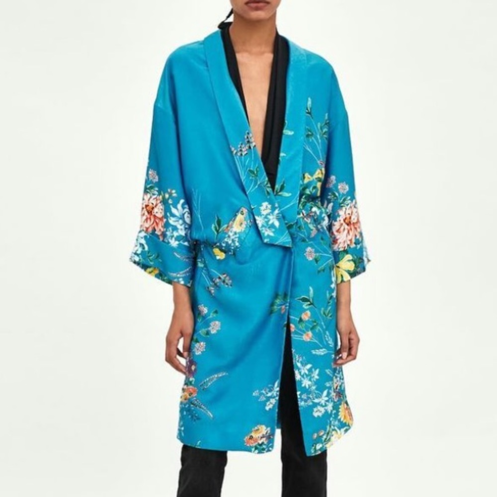Zara Turquoise Floral Kimono Coat